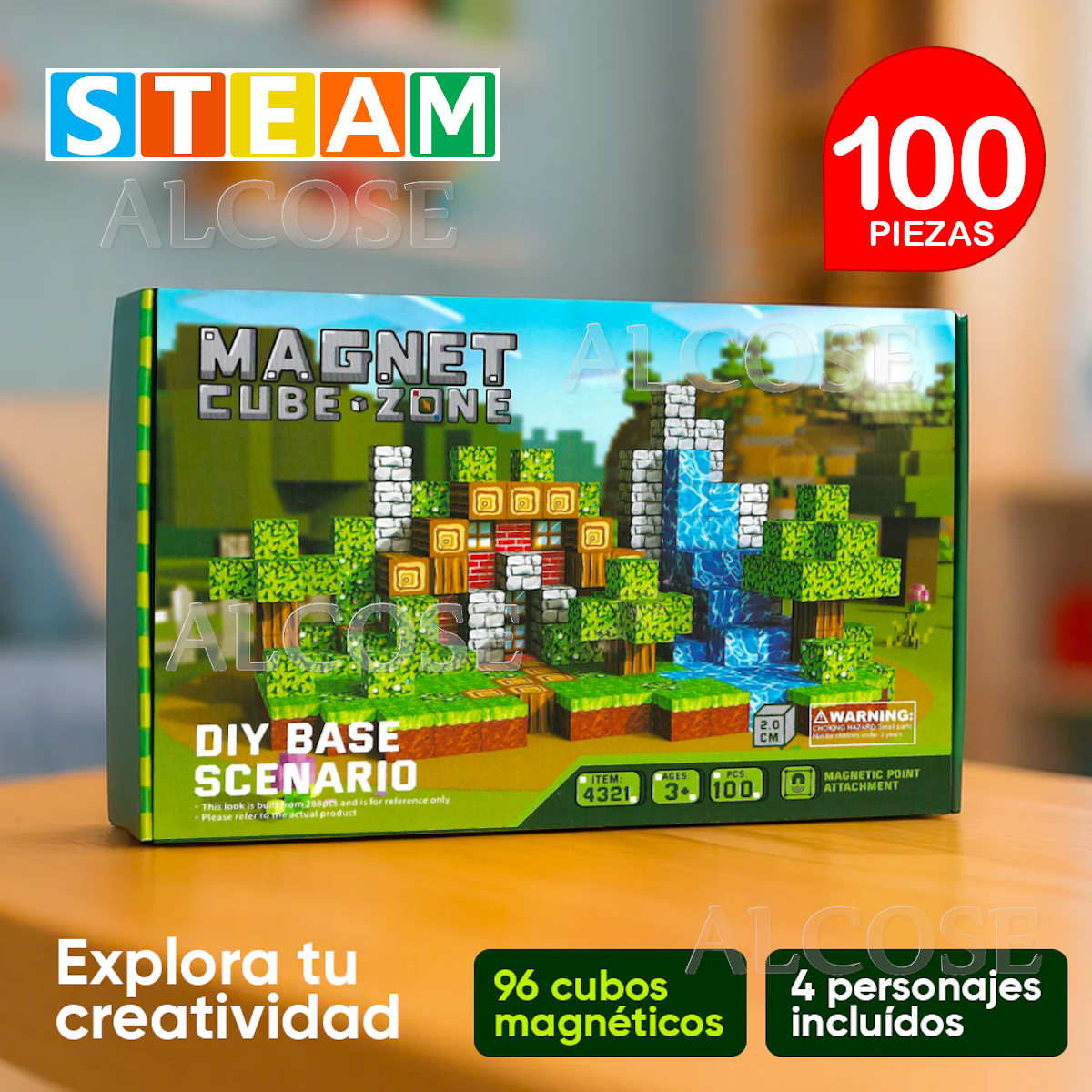 CUBOS MAGNÉTICOS 3D DIDÁCTICOS STEAM CAJA 100 PIEZAS BASE SCENARIO - 1