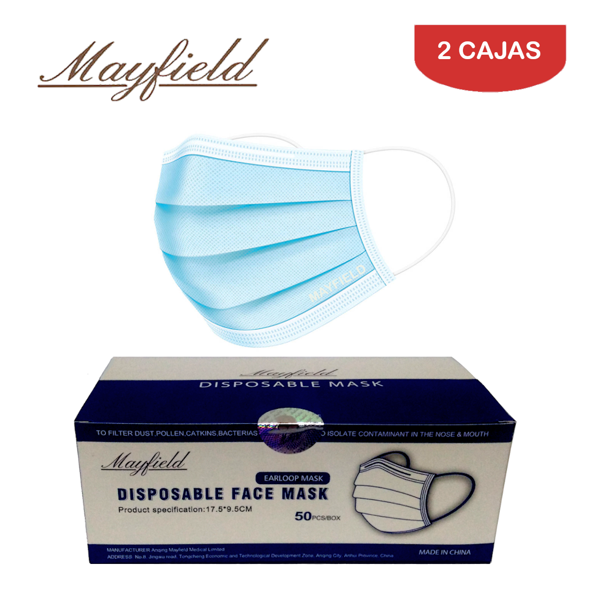 MASCARILLA MAYFIELD QUIRÚRGICA 3 CAPAS CELESTE PACK X2 CAJA 50 UNIDADES - 1