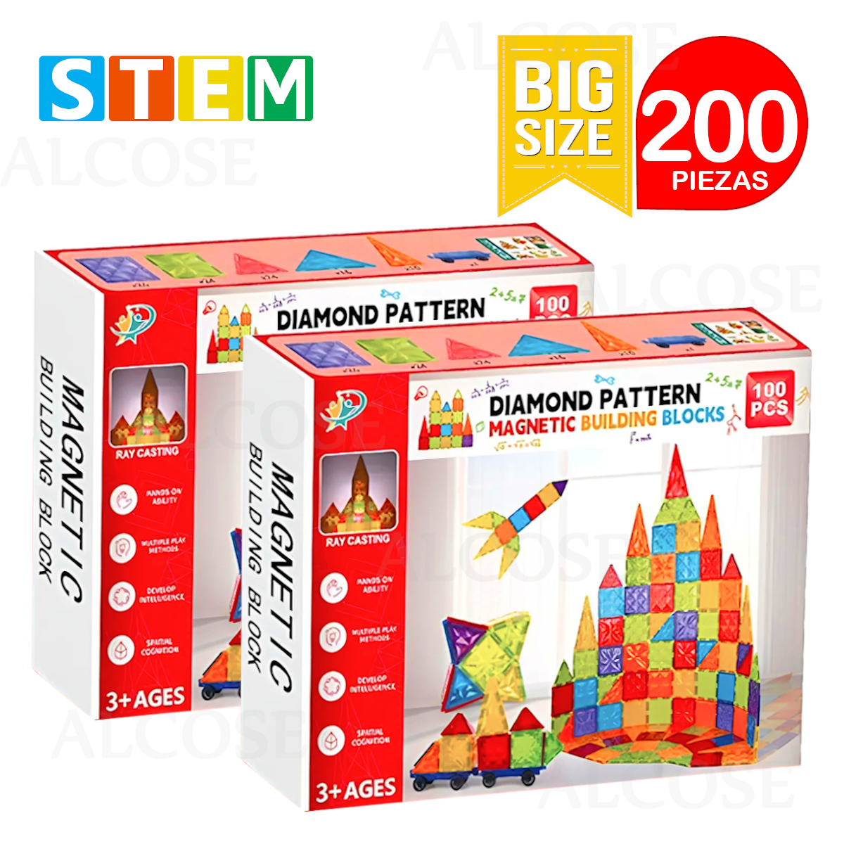 BLOQUES MAGNÉTICOS DIDÁCTICOS STEM DIAMANTE 100PZ DÚO PACK 200 PIEZAS - 1