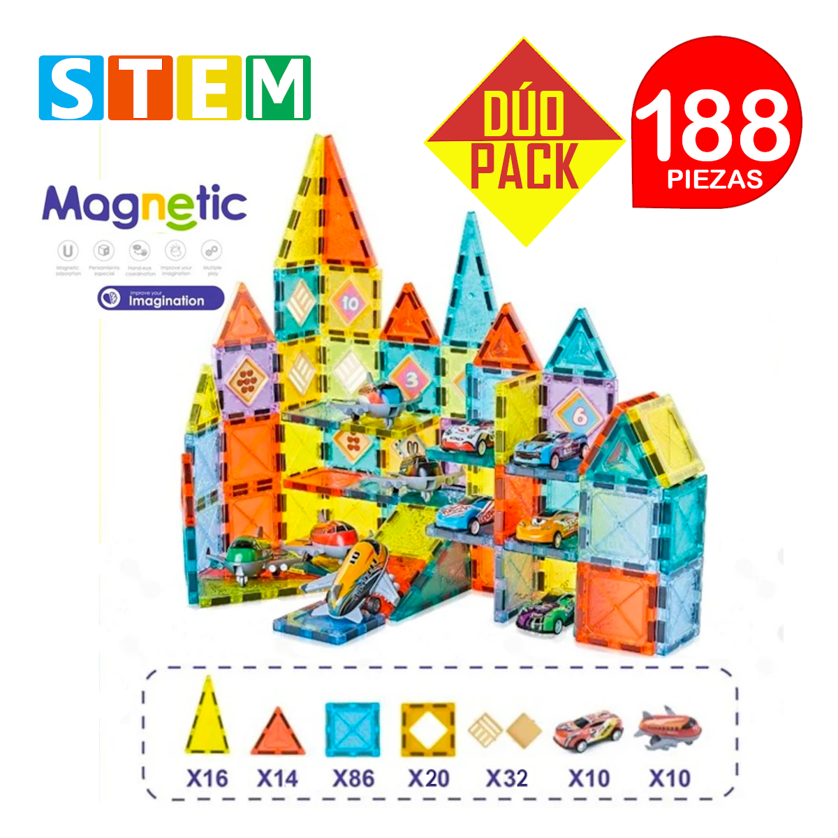 BLOQUES MAGNÉTICOS DIDÁCTICOS STEM MAGNETIC CAJA 94PZ DÚO PACK 188 PIEZAS - 2