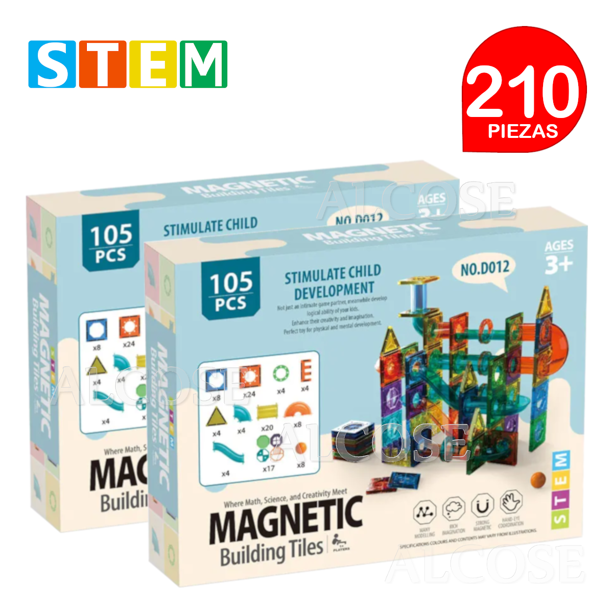 BLOQUES MAGNÉTICOS DIDÁCTICOS STEM 105 PIEZAS DÚO PACK 210 PIEZAS - 1