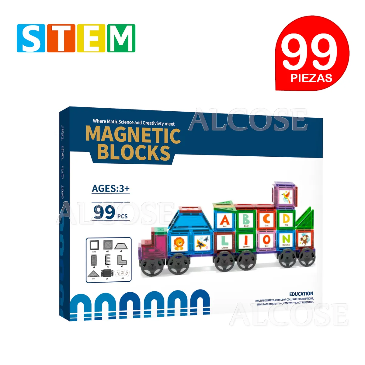 BLOQUES MAGNÉTICOS DIDÁCTICOS STEM ABC CAJA 99 PIEZAS - 1