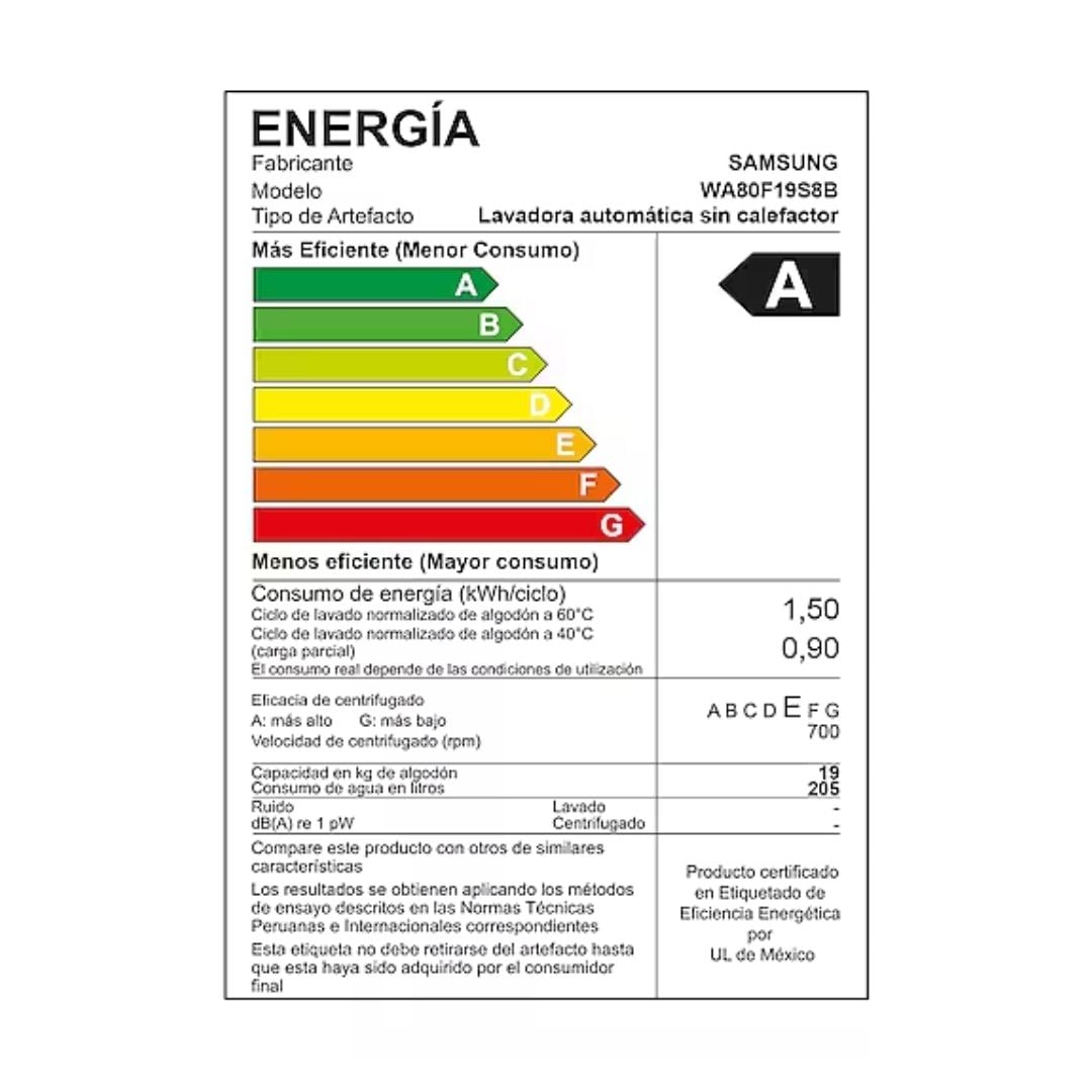 LAVADORA SAMSUNG ECOBUBBLE AI 19 KG CARGA SUPERIOR NEGRO - WA80F19S8BPE - 8