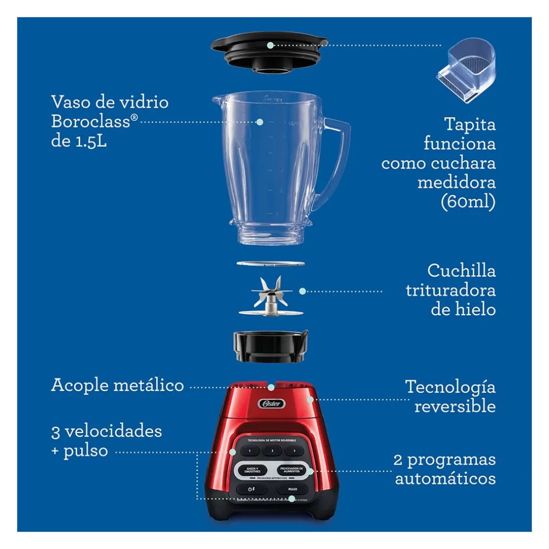 LICUADORA OSTER 3 VELOCIDADES 1000W REVERSIBLE ROJA - BLSTPYG1310RBG - 4