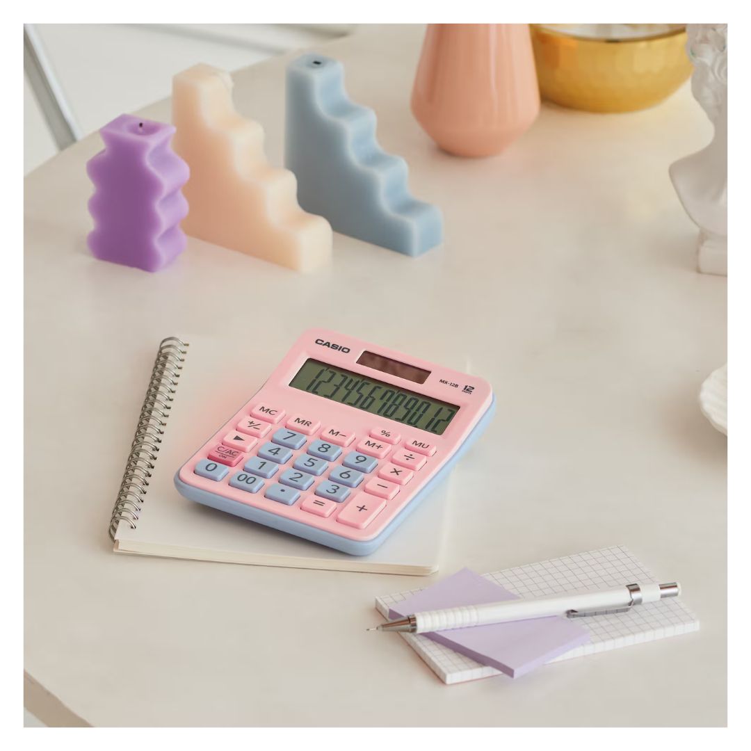 CALCULADORA DE MESA CASIO CON PANEL SOLAR MX-12B-PKLB - ROSADO Y CELESTE - 6