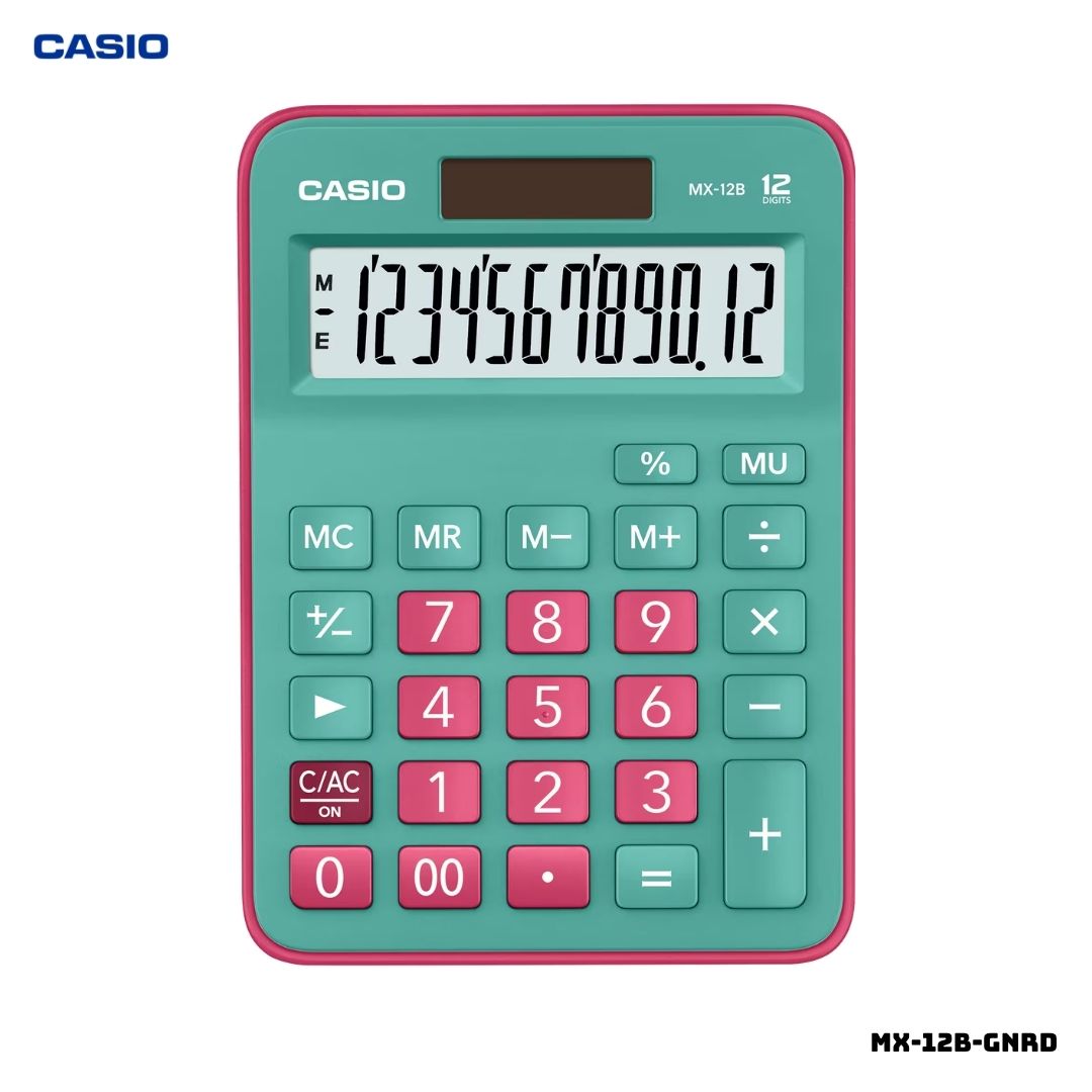 CALCULADORA DE MESA CASIO CON PANEL SOLAR MX-12B-GNRD - VERDE Y ROJO - 1