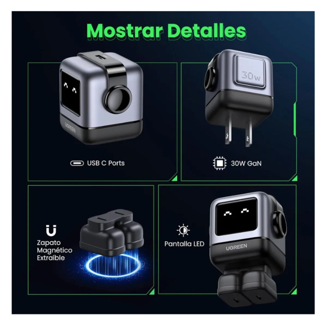 CARGADOR UGREEN ROBOT CON PANTALLA LED 30W CARGA RAPIDA - 7