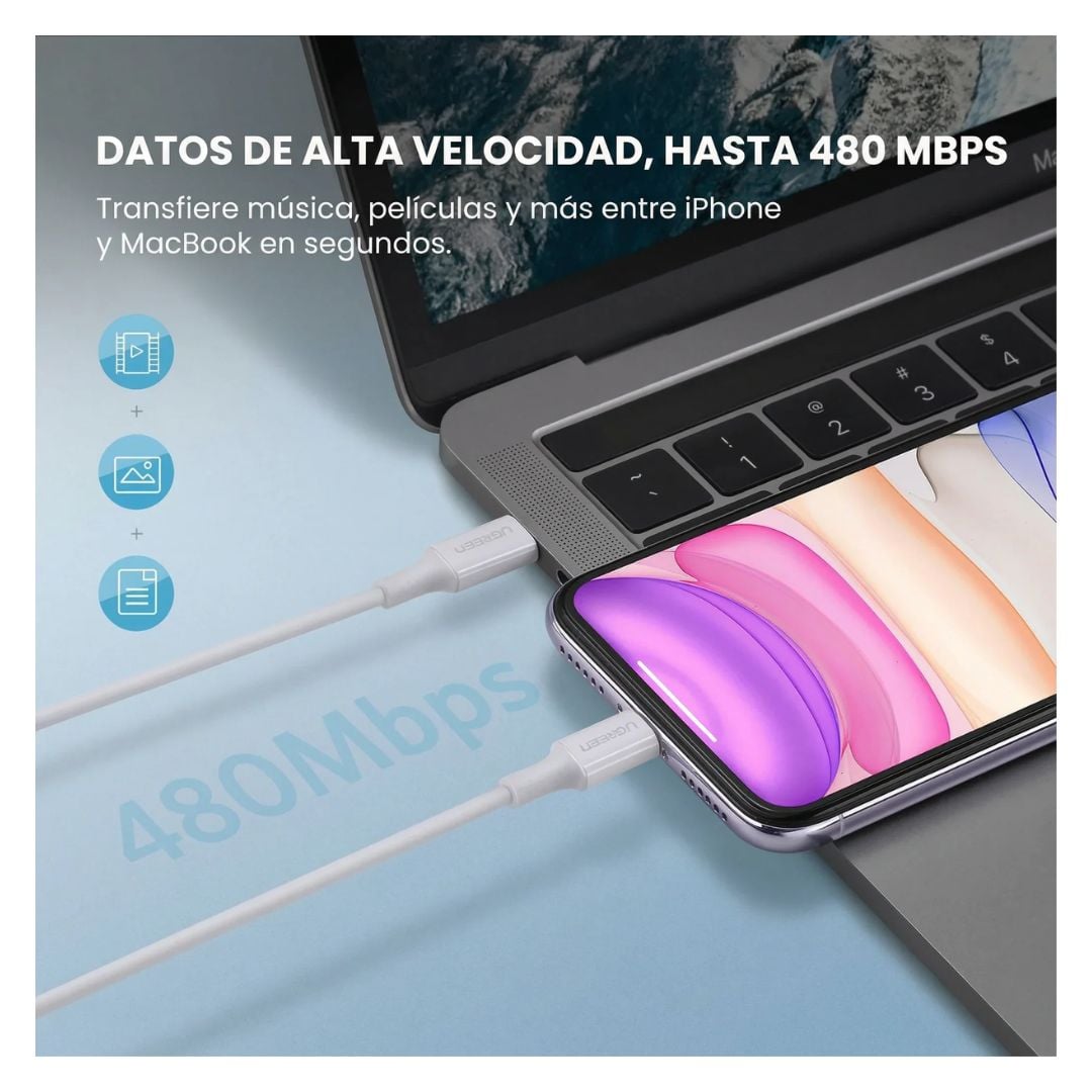 CABLE UGREEN 1 METRO US171 BLANCO 10493 USB-C A LIGHTNING - 4