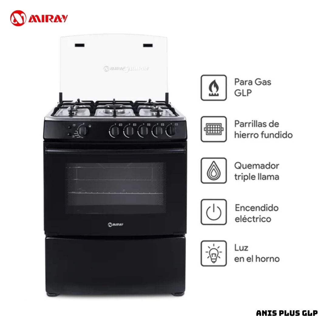 COCINA A GAS MIRAY GIRASOL PLUS GLP 5 HORNILLAS - NEGRO - 1