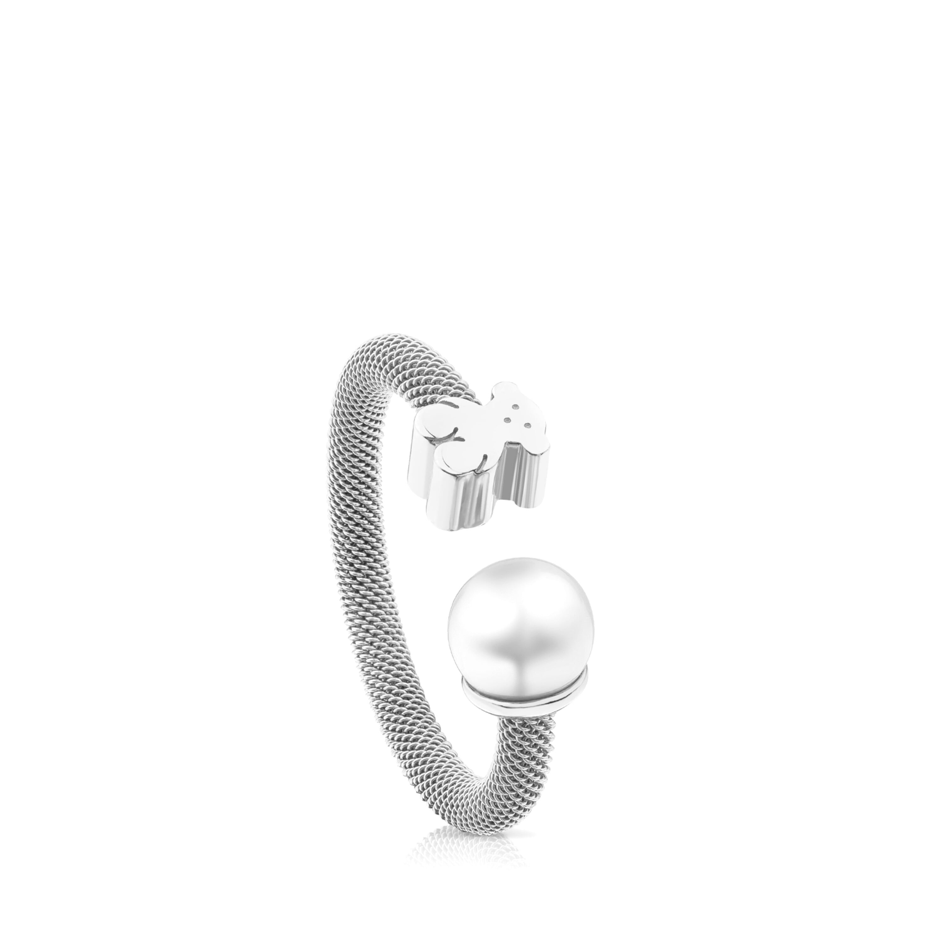 ANILLO DE PLATA Y PERLA CULTIVADA MOTIVO OSO ICON MESH - 1