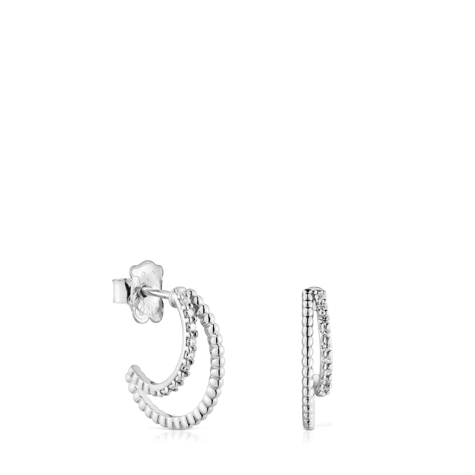 PENDIENTES ARO DOBLE CORTO DE ORO BLANCO CON DIAMANTES - 1