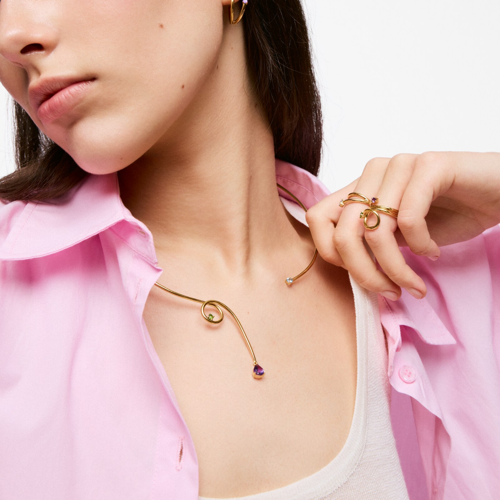 COLLAR ABIERTO CON BAÑO DE ORO 18 KT SOBRE PLATA Y GEMAS LIO - 2