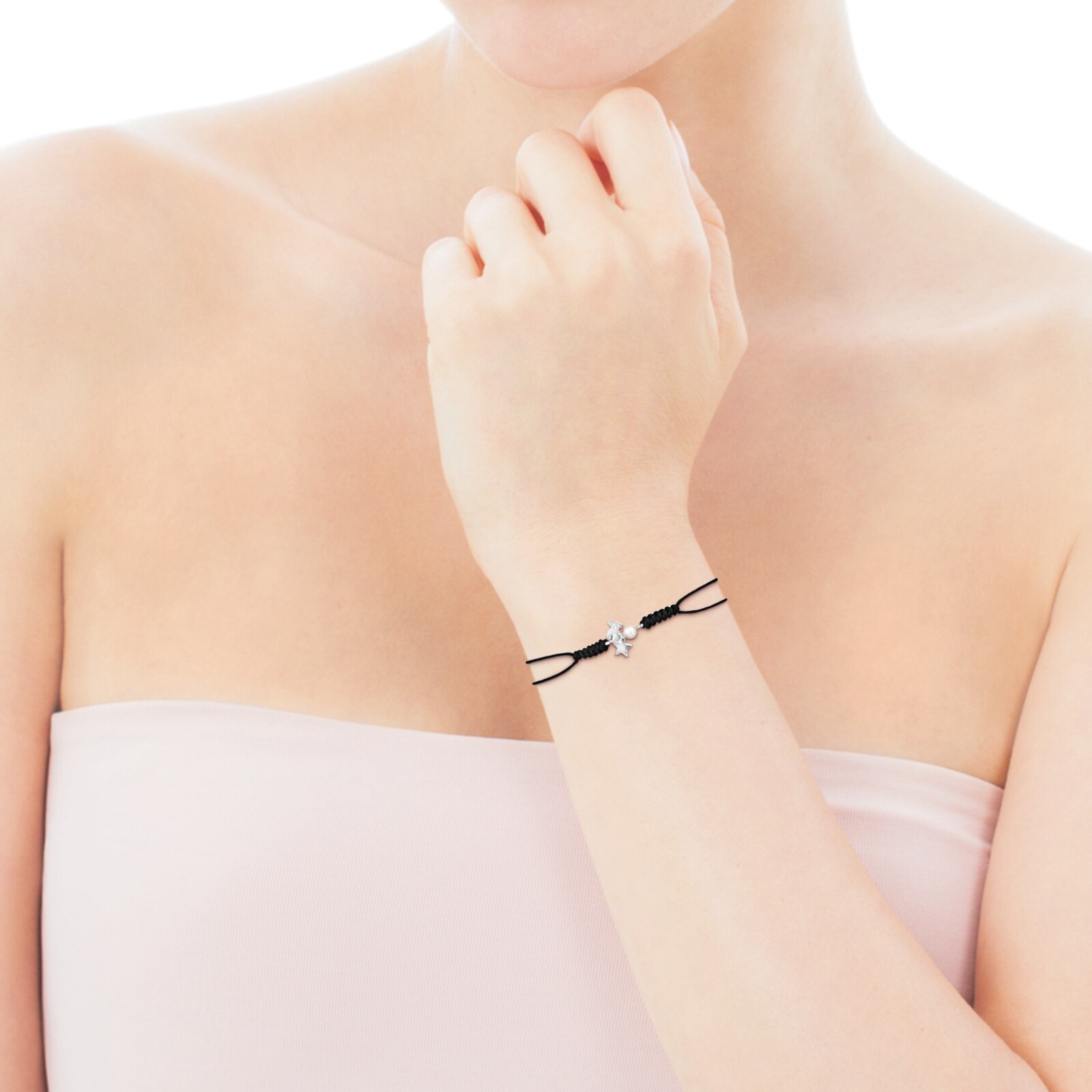 PULSERA NOCTURNE DE PLATA CON PERLA Y CORDÓN NEGRO - 8