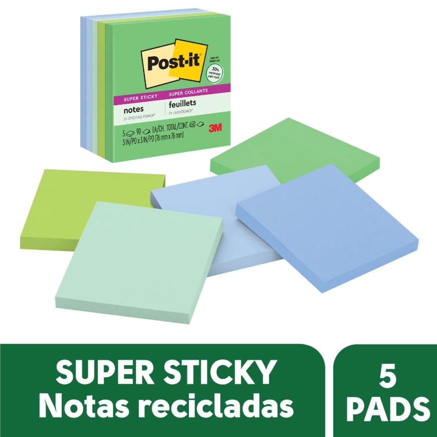 NOTAS ADHESIVAS 3M POST-IT SUPER STICKY 76 X 76 MM COLORES TROPICALES 450 HOJAS - 1