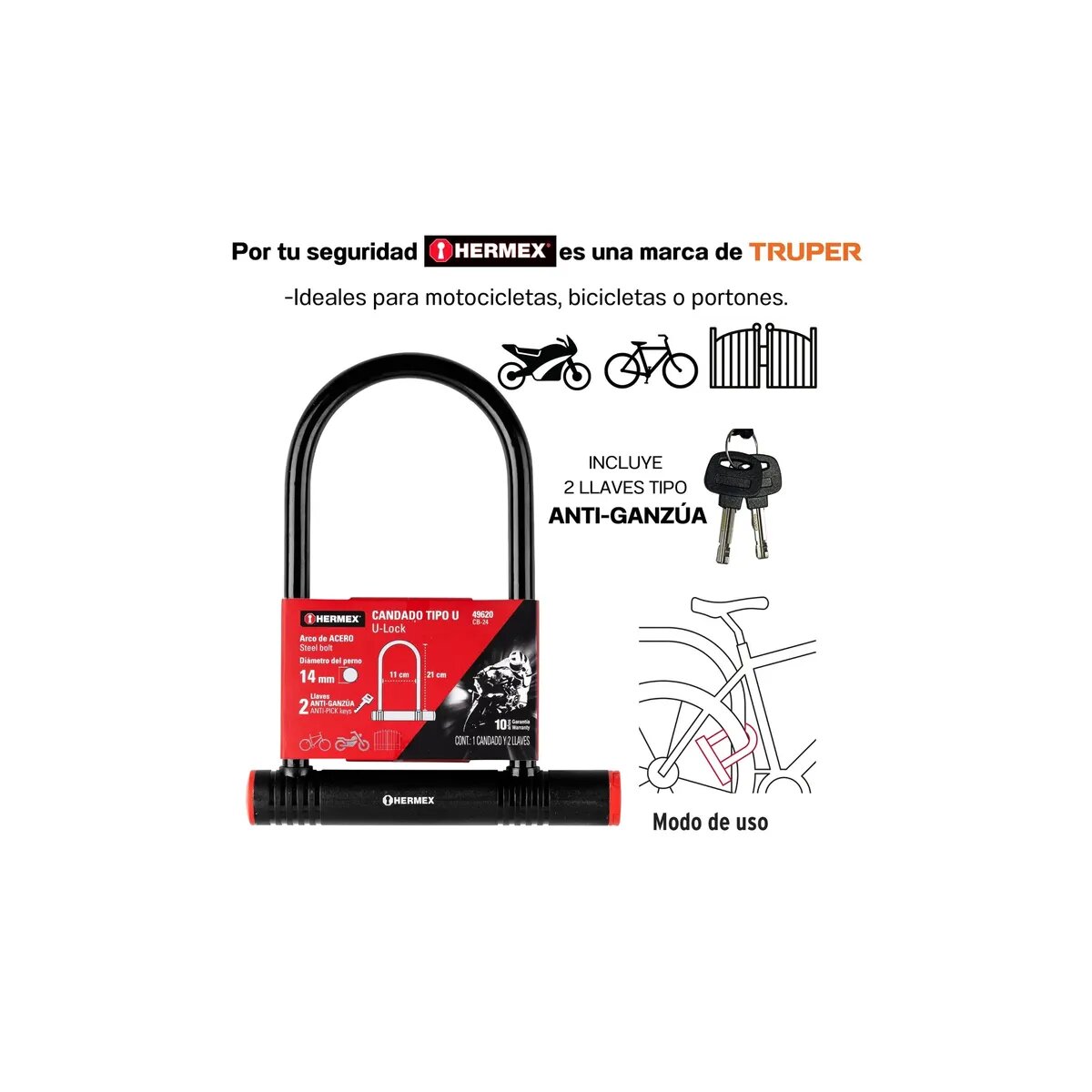 CADENA RÍGIDO TIPO U SEGURIDAD PARA BICICLETA 14MM - 4