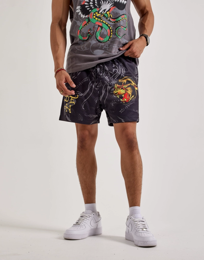 SHORTS ED HARDY PANTHER MESH - NEGRO CON LOGO METALICO DORADO - 1