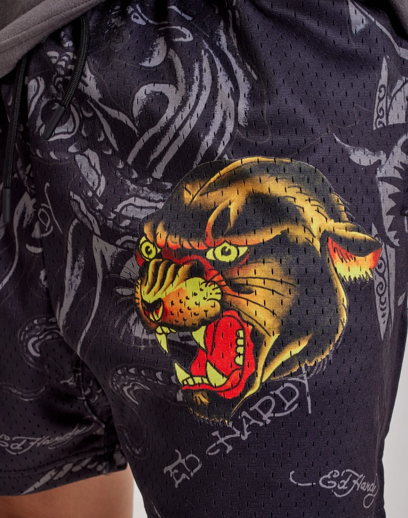 SHORTS ED HARDY PANTHER MESH - NEGRO CON LOGO METALICO DORADO - 2