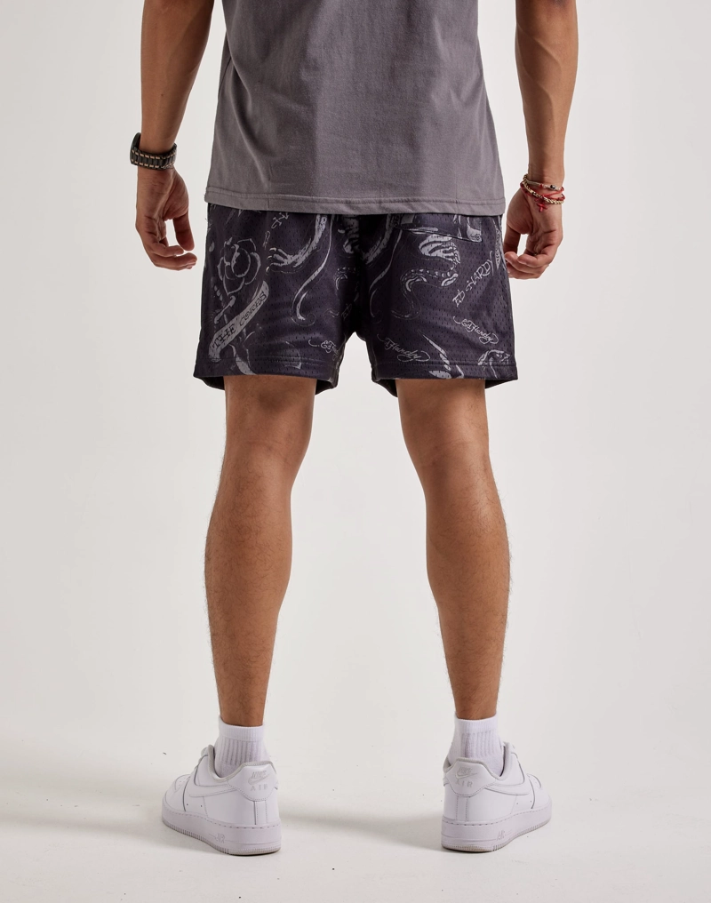 SHORTS ED HARDY PANTHER MESH - NEGRO CON LOGO METALICO DORADO - 3