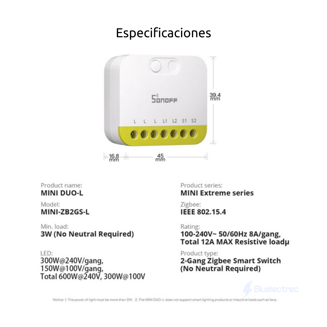 INTERRUPTOR INTELIGENTE DE 2 CANALES (NO NECESITA NEUTRO) - MINI DUO-L SONOFF - 8