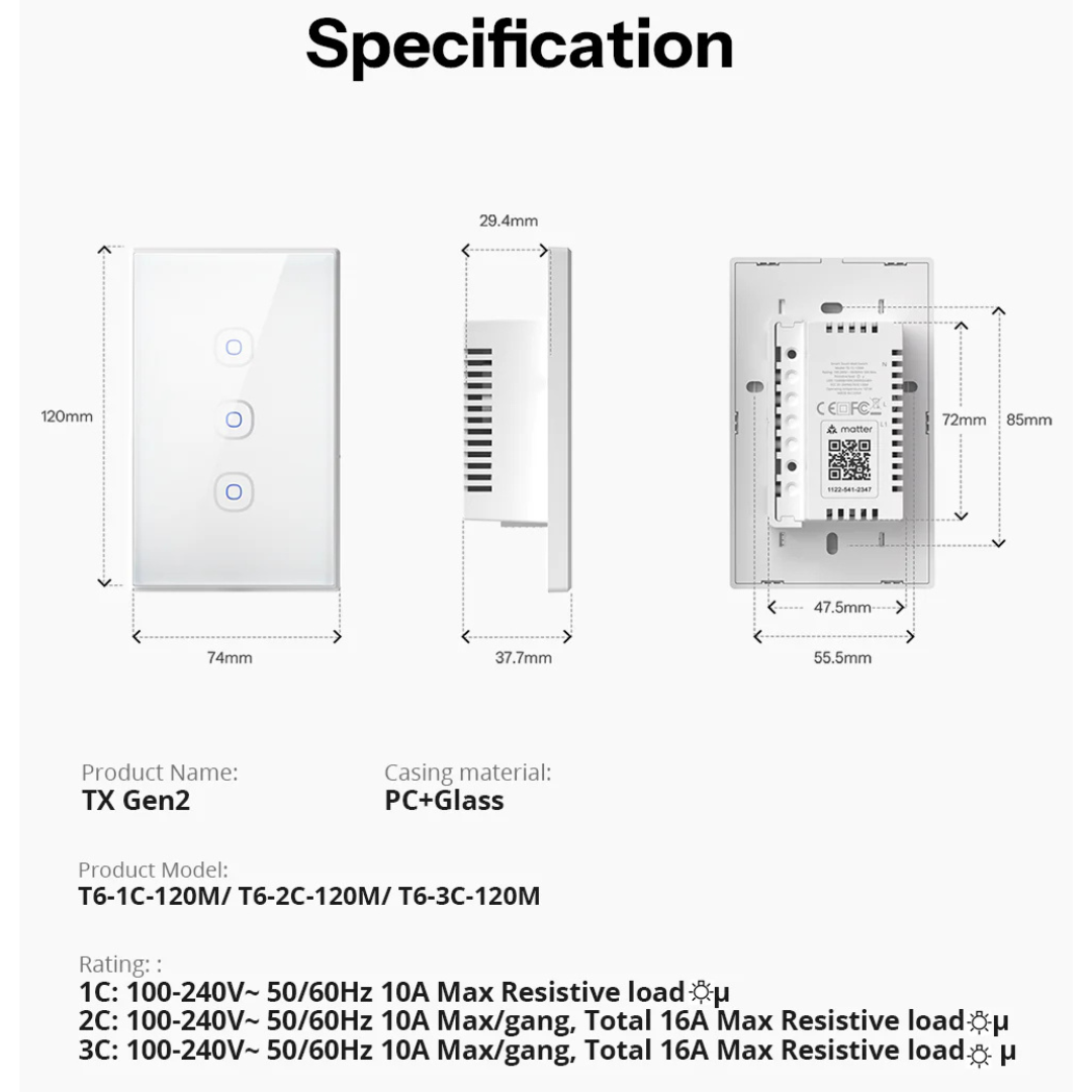 INTERRUPTOR TÁCTIL INTELIGENTE WIFI MATTER - T6-1C-120M SONOFF - 2