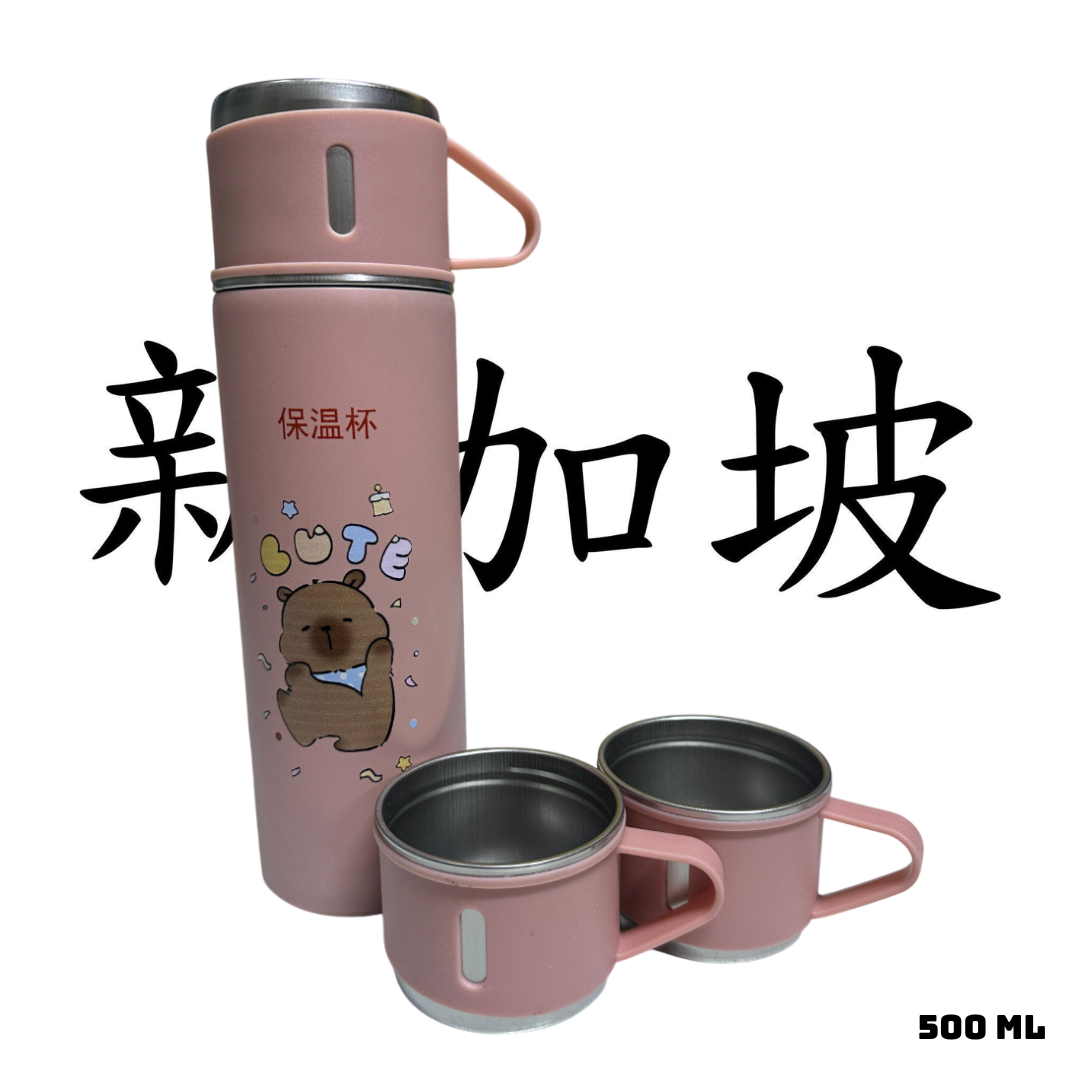 TERMO CAPIBARA DE 500 ML CON TRES TAZAS DE REGALO - ROSA - 1