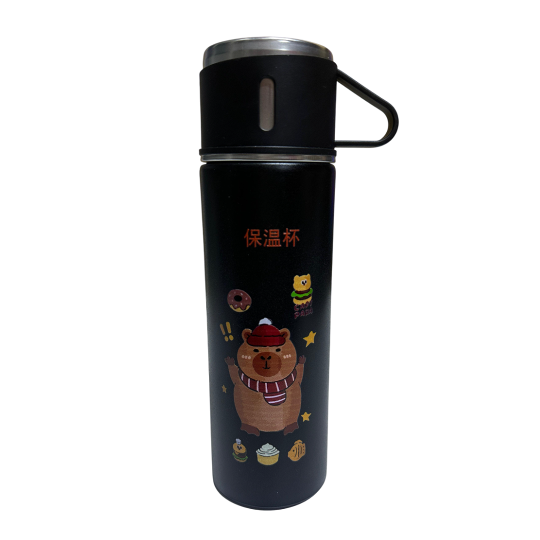 TERMO CAPIBARA DE 500 ML CON TRES TAZAS DE REGALO - NEGRO - 2