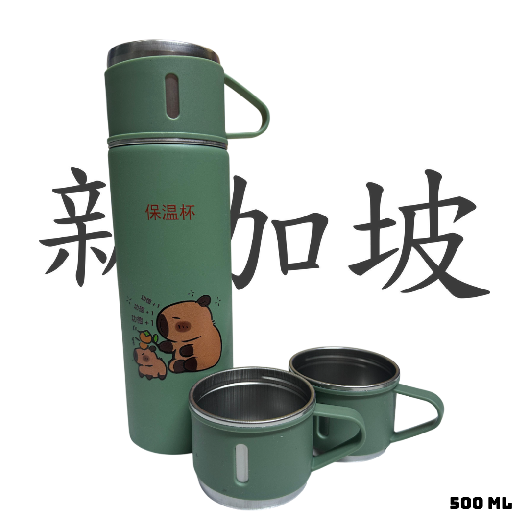 TERMO CAPIBARA DE 500 ML CON TRES TAZAS DE REGALO - VERDE - 1
