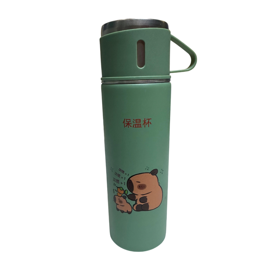 TERMO CAPIBARA DE 500 ML CON TRES TAZAS DE REGALO - VERDE - 2