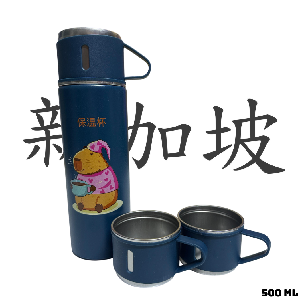 TERMO CAPIBARA DE 500 ML CON TRES TAZAS DE REGALO - AZUL - 1