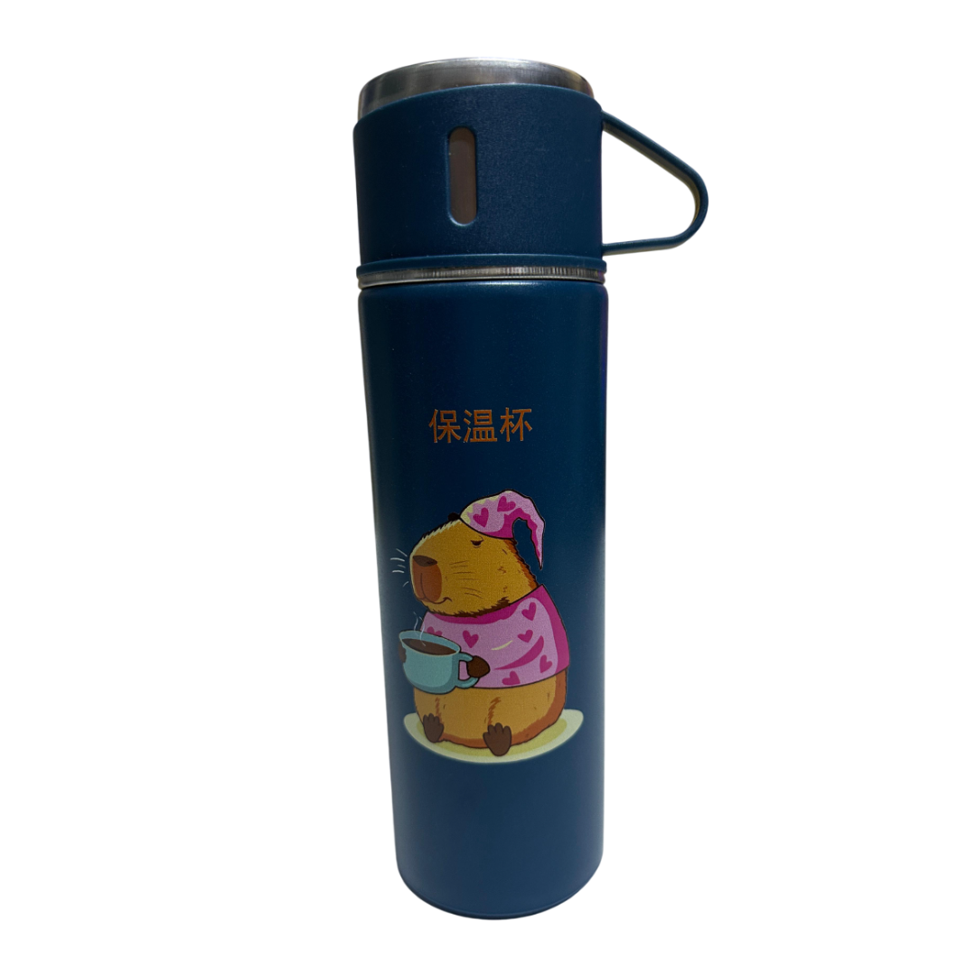 TERMO CAPIBARA DE 500 ML CON TRES TAZAS DE REGALO - AZUL - 2