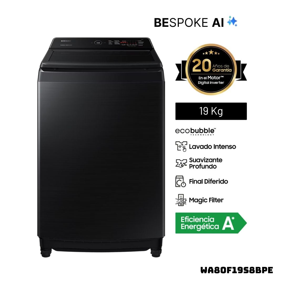 LAVADORA SAMSUNG ECOBUBBLE AI 19 KG CARGA SUPERIOR NEGRO - WA80F19S8BPE - 1