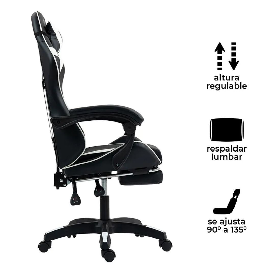 SILLA GAMER LYZOR CON POSAPIES BLANCO Y NEGRO - SGBWTWN135B - 7