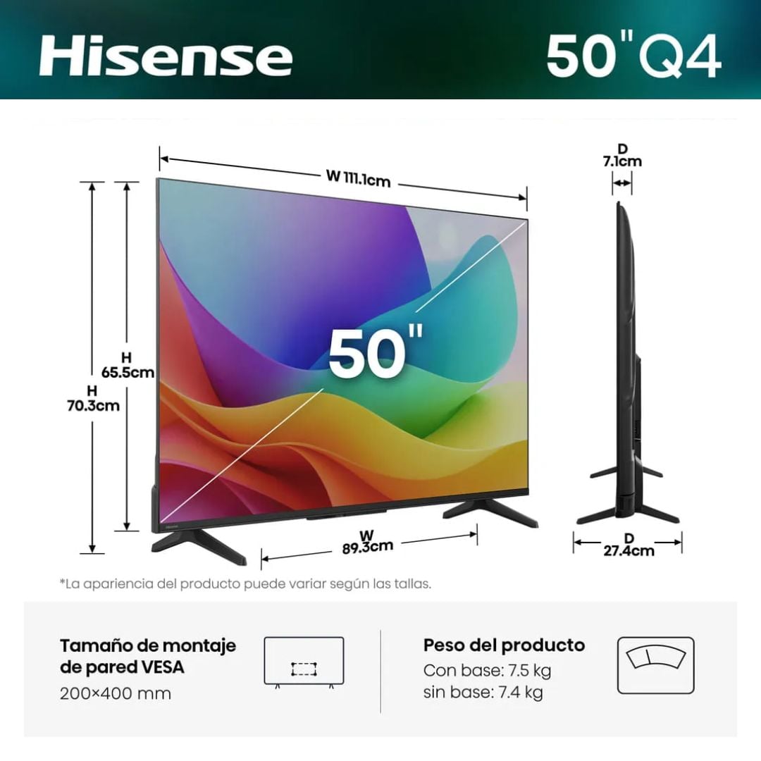 TELEVISOR HISENSE 50 QLED SMART TV VIDAA FHD 2026 - 50Q4SV - 2