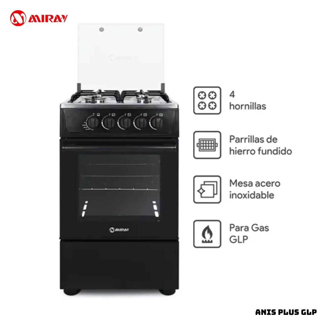 COCINA DE PIE MIRAY A GAS 4 HORNILLAS NEGRO - ANIS PLUS GLP - 1