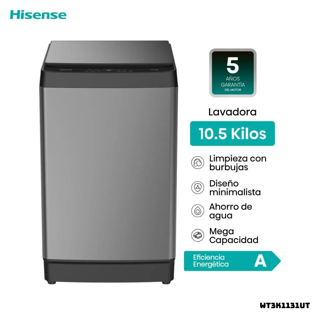 LAVADORA HISENSE TAPA TRANSPARENTE 10.5 KG CARGA SUPERIOR GRIS - WT3D1131UT - 1