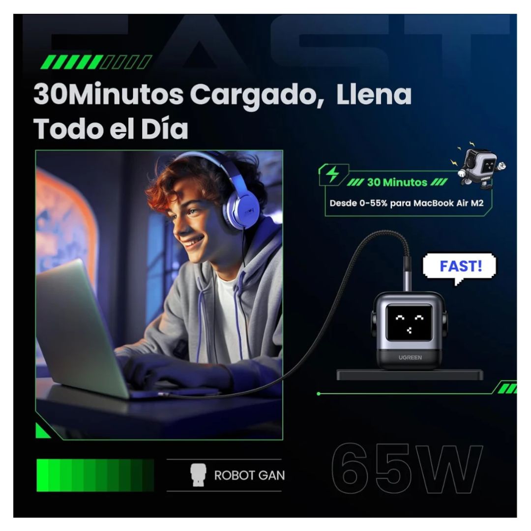 CARGADOR UGREEN ROBOT CON PANTALLA LED 65W CARGA RAPIDA - 7