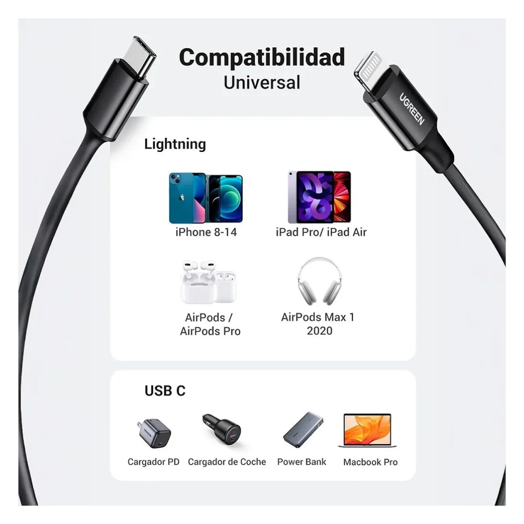 CABLE UGREEN 1 METRO US171 NEGRO 60751 USB-C A LIGHTNING - 6