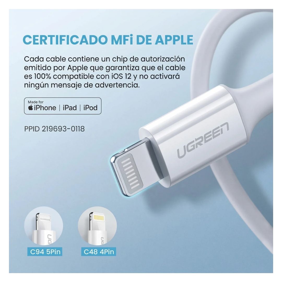 CABLE UGREEN 1 METRO US171 BLANCO 10493 USB-C A LIGHTNING - 6