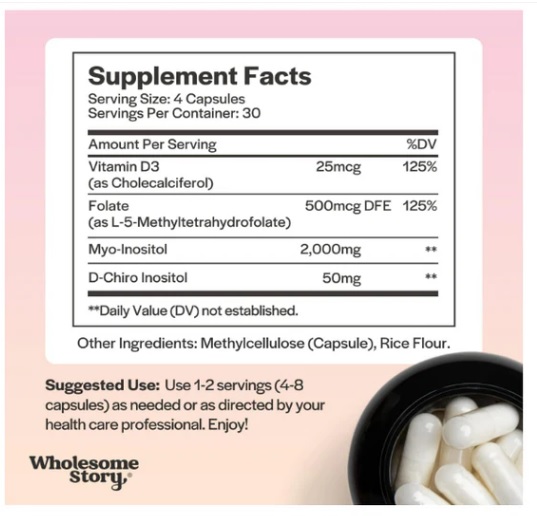 MYO Y D-CHIRO INOSITOL CON MTHF, ÁCIDO FÓLICO Y VITAMINA D 120 CAP - WHOLESOME STORY - 5