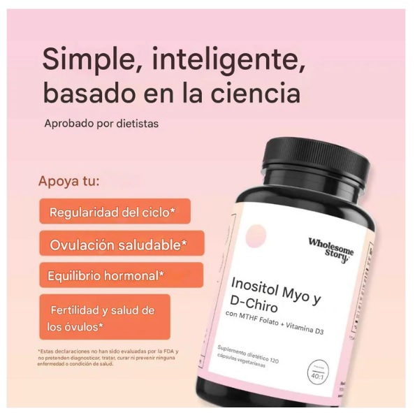 MYO Y D-CHIRO INOSITOL CON MTHF, ÁCIDO FÓLICO Y VITAMINA D 120 CAP - WHOLESOME STORY - 3