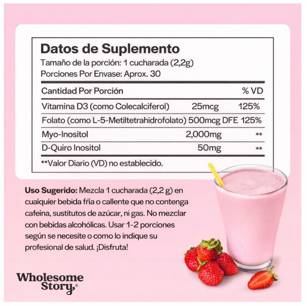 MYO Y D-CHIRO INOSITOL CON MTHF, ÁCIDO FÓLICO Y VITAMINA D POLVO 66 GR – WHOLESOME STORY - 2