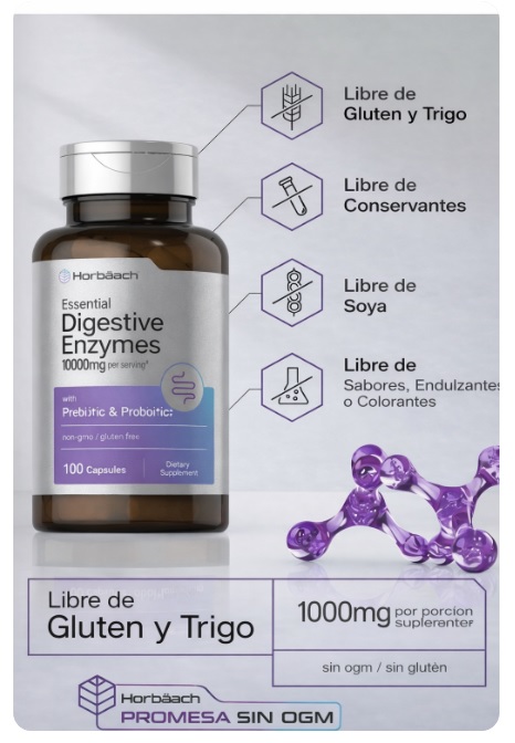 ENZYMAS DIGESTIVAS CON PROBIOTICOS Y PREBIOTICOS 100 CÁPSULAS – HORBAACH - 3