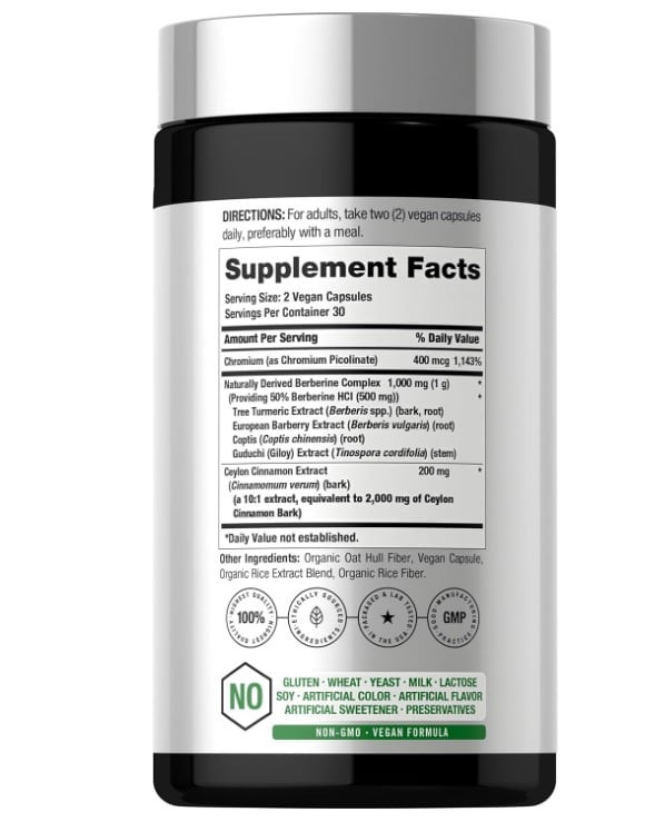 BERBERINA CON CANELA DE CEILÁN Y CROMO 1000 MG 60 CAP – HORBÄACH - 2
