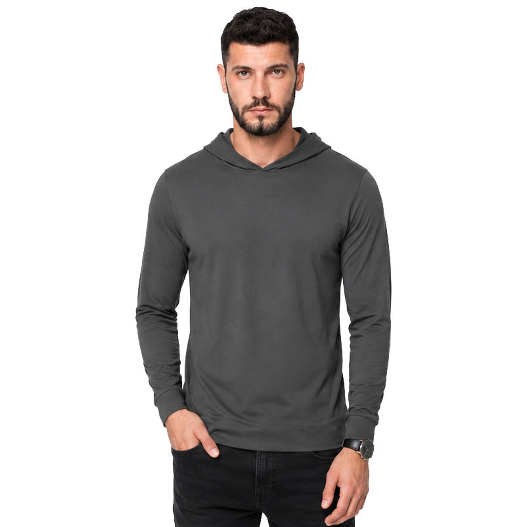 POLERA HOMBRE SWISS LORD ALGODÓN GRIS OSCURO CAPUCHA LIGERA MANGA LARGA - 1