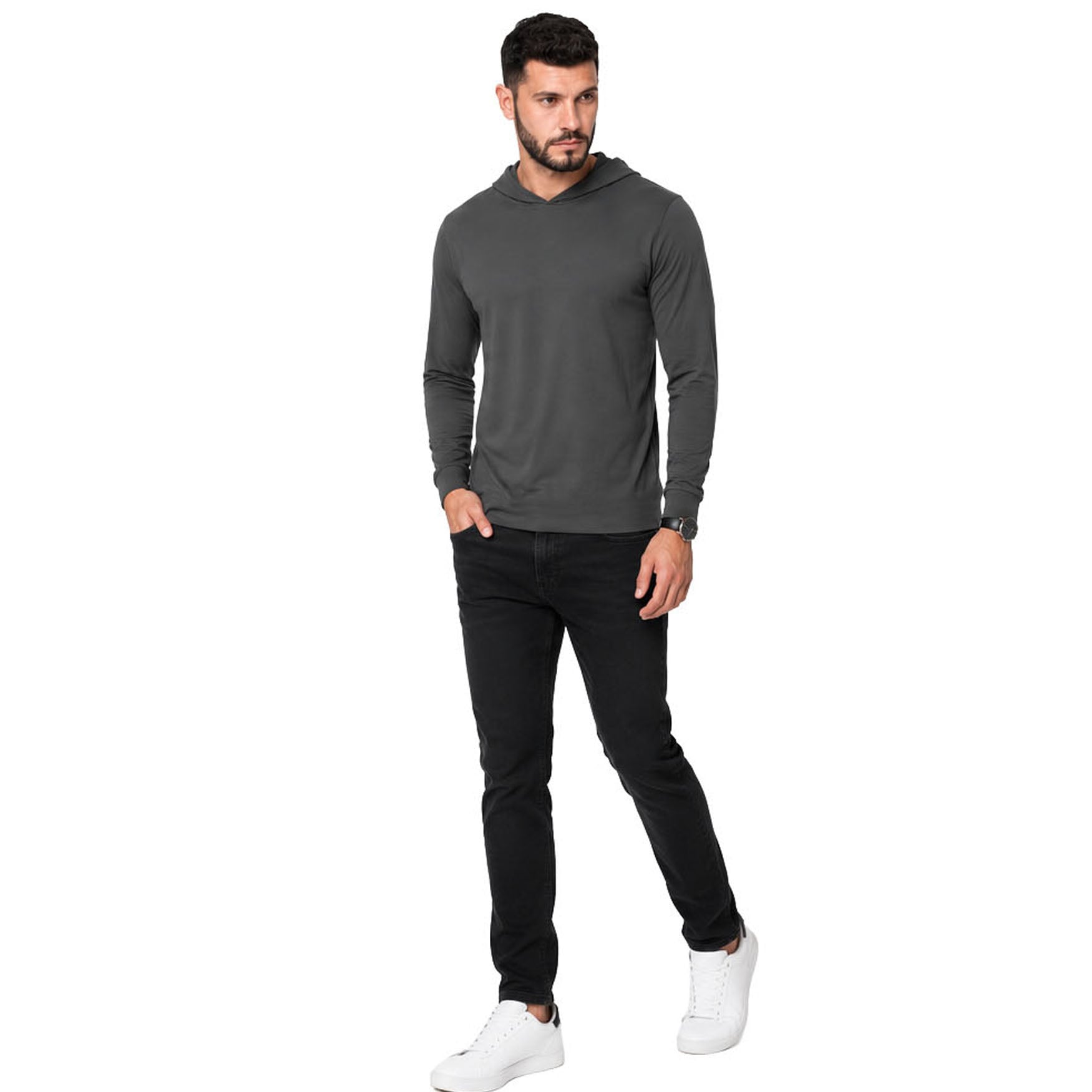 POLERA HOMBRE SWISS LORD ALGODÓN GRIS OSCURO CAPUCHA LIGERA MANGA LARGA - 3