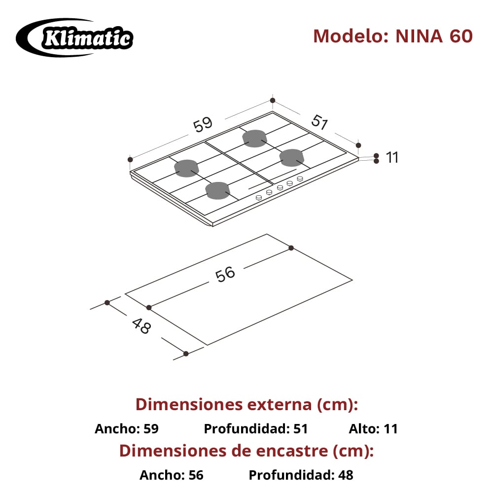 COCINA EMPOTRABLE A GAS KLIMATIC NINA 60 4HORNILLAS - 3