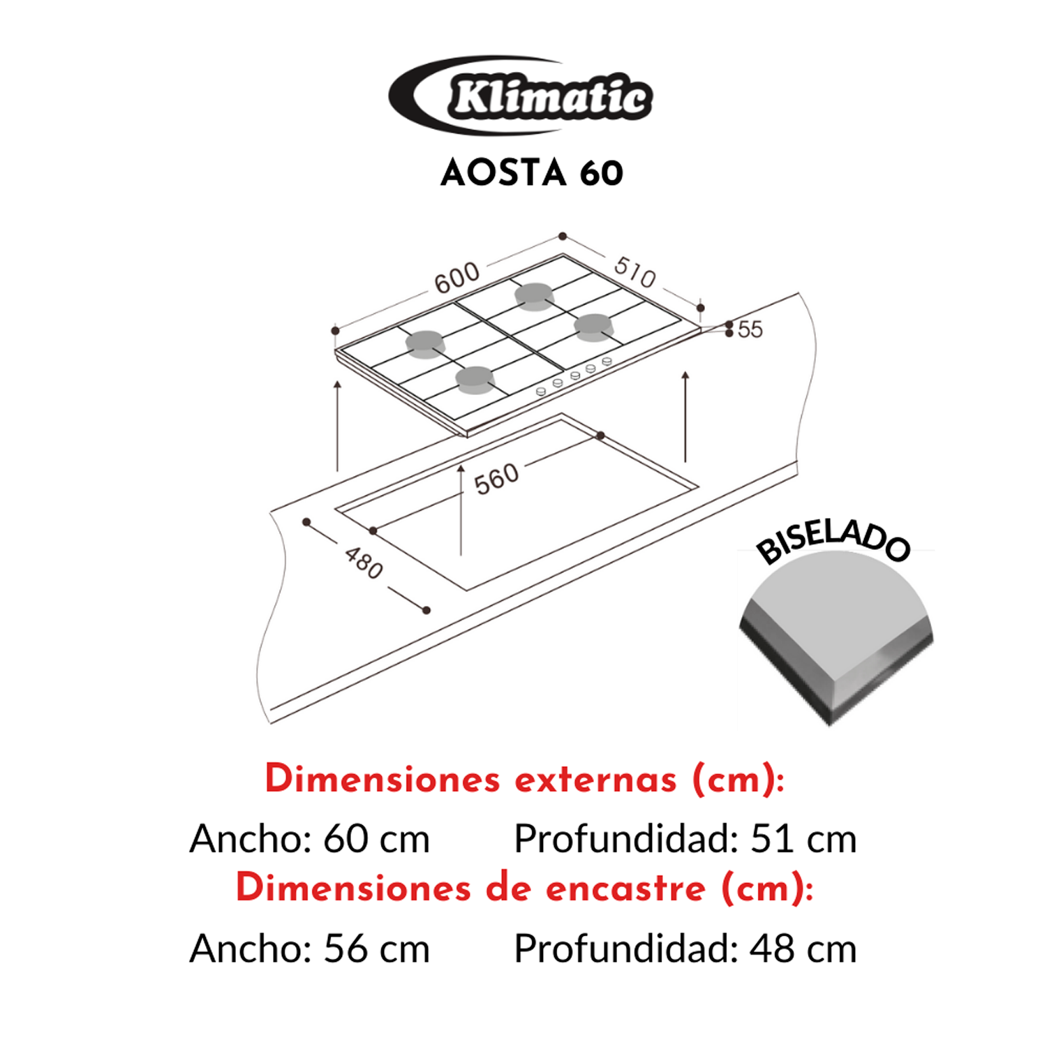 COCINA EMPOTRABLE A GAS KLIMATIC AOSTA 60 4HORNILLAS - 6