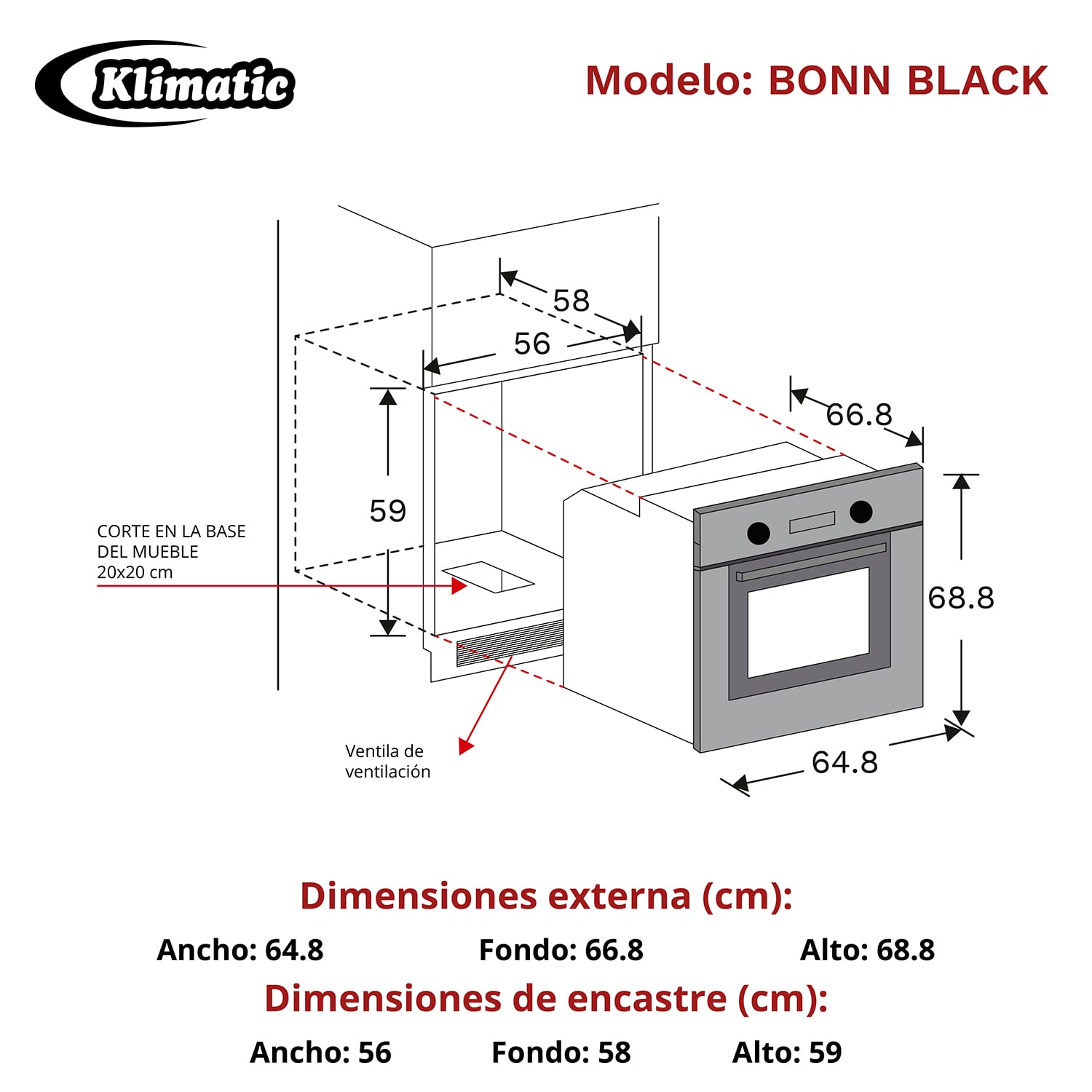 HORNO EMPOTRABLES A GAS KLIMATIC BONN BLACK 70L - 3