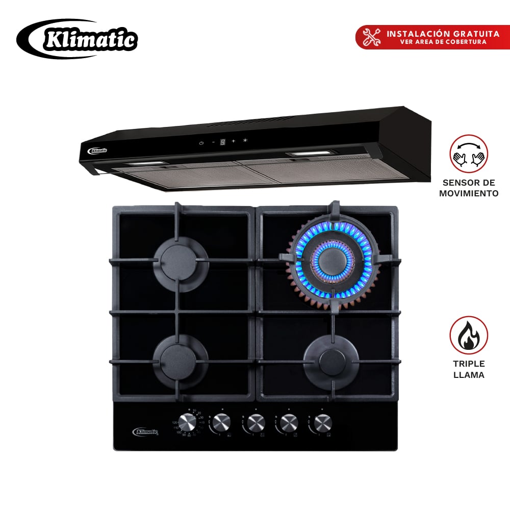 COMBO EMPOTRABLE KLIMATIC ENCIMERA A GAS TREVI 60 + CAMPANA VENTO BLACK PLUS 60CM - 1