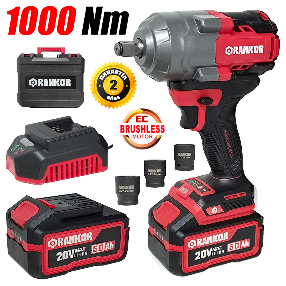 LLAVE DE IMPACTO INDUSTRIAL 1/2' RANKOR RLIW20003 20V 1000NM 2BAT X 5AH BRUSHLESS - 1